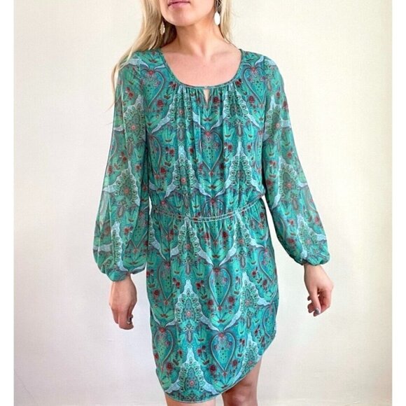 Chelsea & Violet Sz S Split Sleeve Shift Tunic Dress Blouson Paisley Print Green - Picture 9 of 13